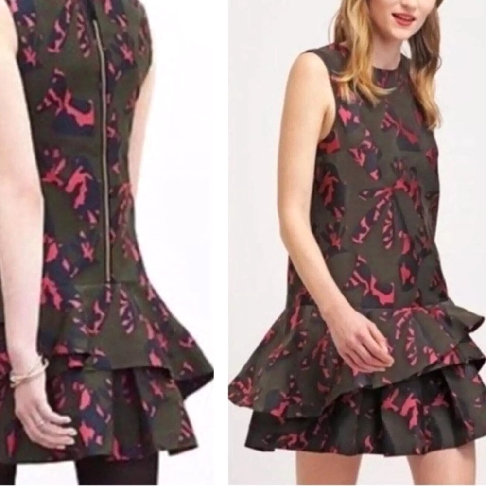 Banana Republic Sleeveless Olive Green & Pink Print Ruffle Hem Dress Drop Waist